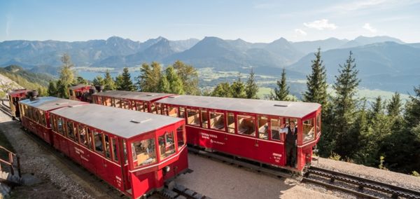The Schafbergbahn is the steepest cog railway in Austria and connects St. Wolfgang at Wolfgangsee and Schafberg mountain